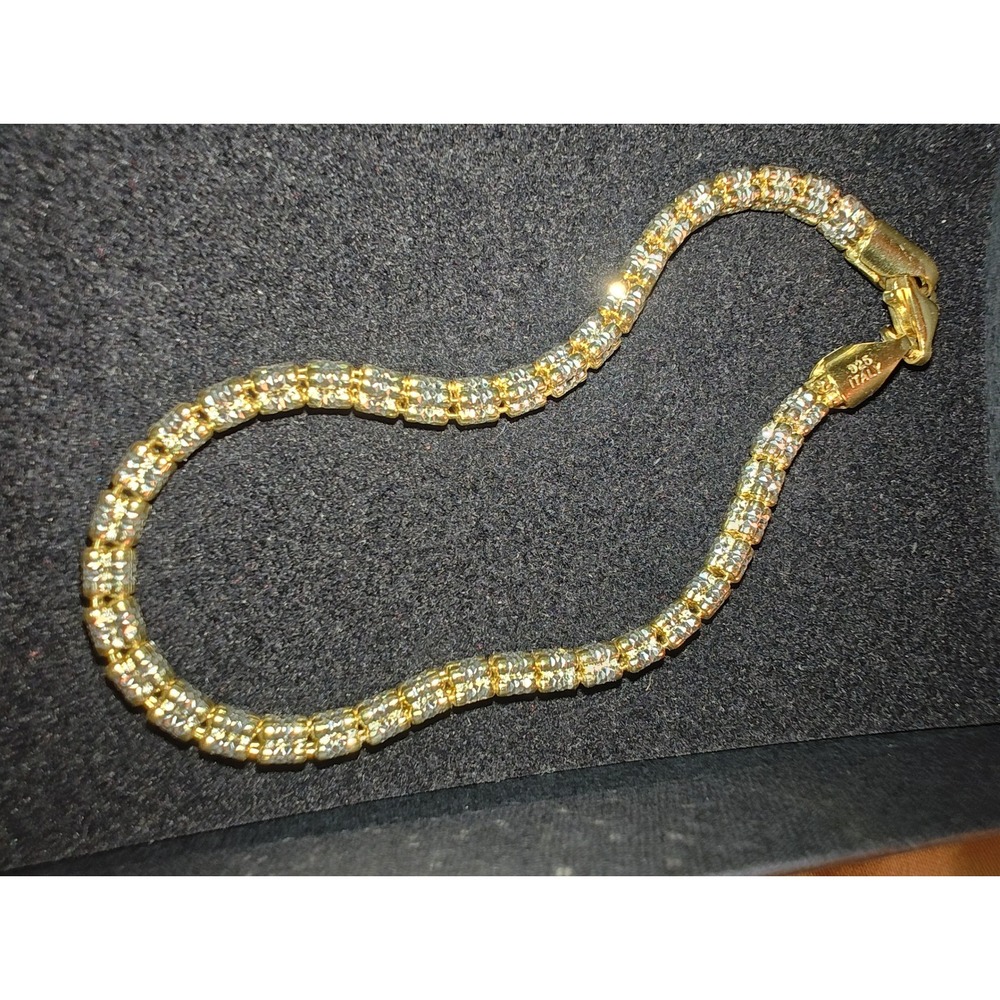 Bracelet 925 Italy P. Lux Two Tone Sterling Silver Diamond Cut Link